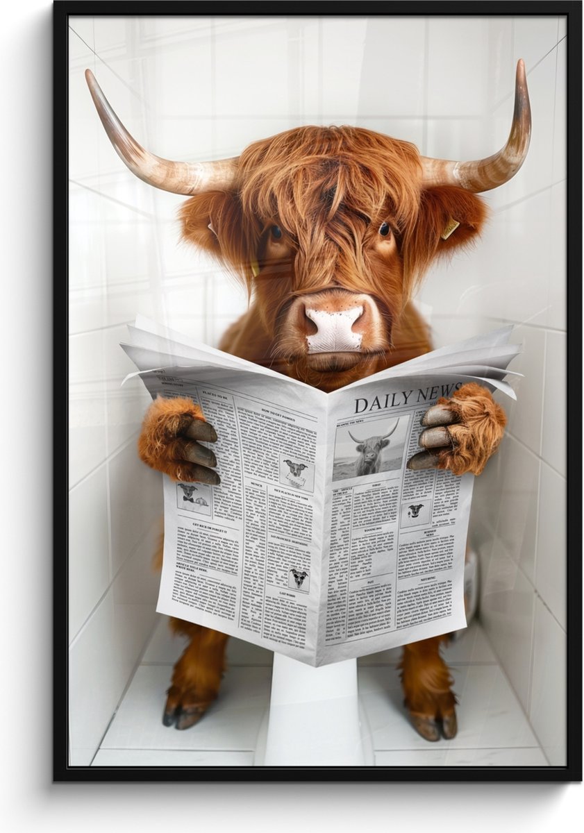 FrameYourWall Poster in lijst - Fotolijst 80x120 cm - Posters - Schotse Hooglander - Dier - Krant - Toilet - Posterlijst zwart - Wanddecoratie badkamer - Muurdecoratie WC - Decoratieve accessoires - Toilet muur decoratie Schotse hooglander - WC
