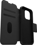 Zwart OtterBox Strada telefoonhoesje, opengeklapt, met kaarthouder vakken en telefoonhouder.
