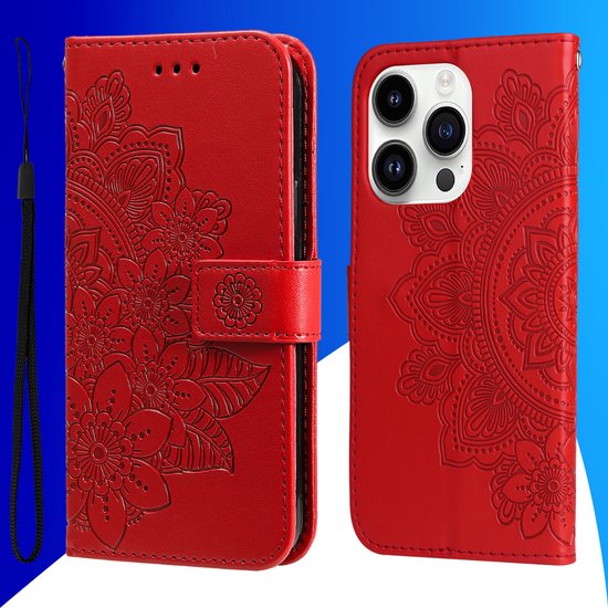 Étui adapté pour iPhone 16 Plus - Bookcase - Porte-cartes - Portefeuille - Imprimé fleuri - Simili cuir - Rouge