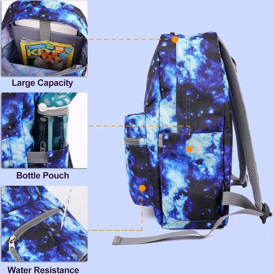 Nexawaveo Fairy Lit Blauw Goud Wolf Kids School Rugzak Kleuterschool