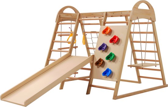 GOPLUS 4-in-1 kinderschommel, kinderglijbaan met schommel, basketbalkorf en klimrek, speelplaats incl. bal en pomp voor binnen en buiten, voor jongens en meisjes vanaf 18 maanden