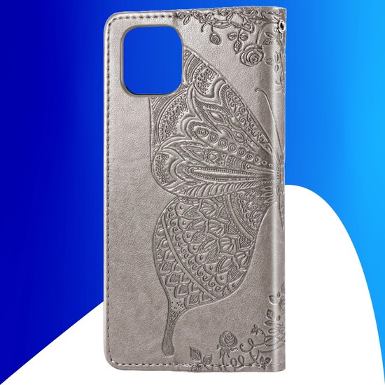 Coque adaptée pour iPhone 16 - Bookcase - Porte-cartes - Portefeuille - Motif papillon - Simili cuir - Grijs