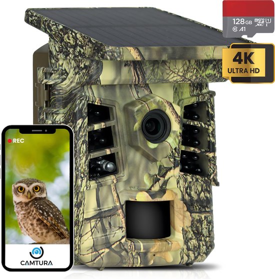 Foto: Camtura professionele wildcamera met nachtzicht oplaadbaar met zonnepaneel voor buiten wifi 4k 48mp smartphone app incl 128gb sd