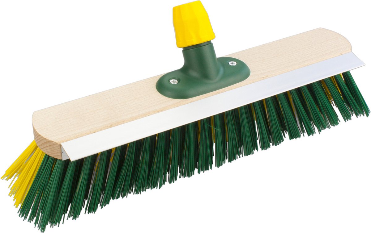 Goedkoopste Houten harde straatbezem/buitenbezem kop met aluminium schraper elaston groen/geel 40 cm - Bezems met universele steelhouder