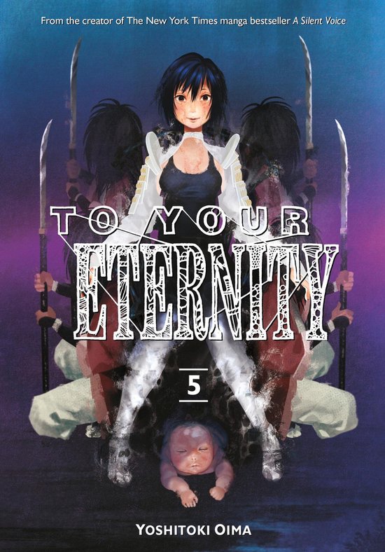 Couverture du livre 'To Your Eternity 5' avec une jeune femme en blanc et un bébé.