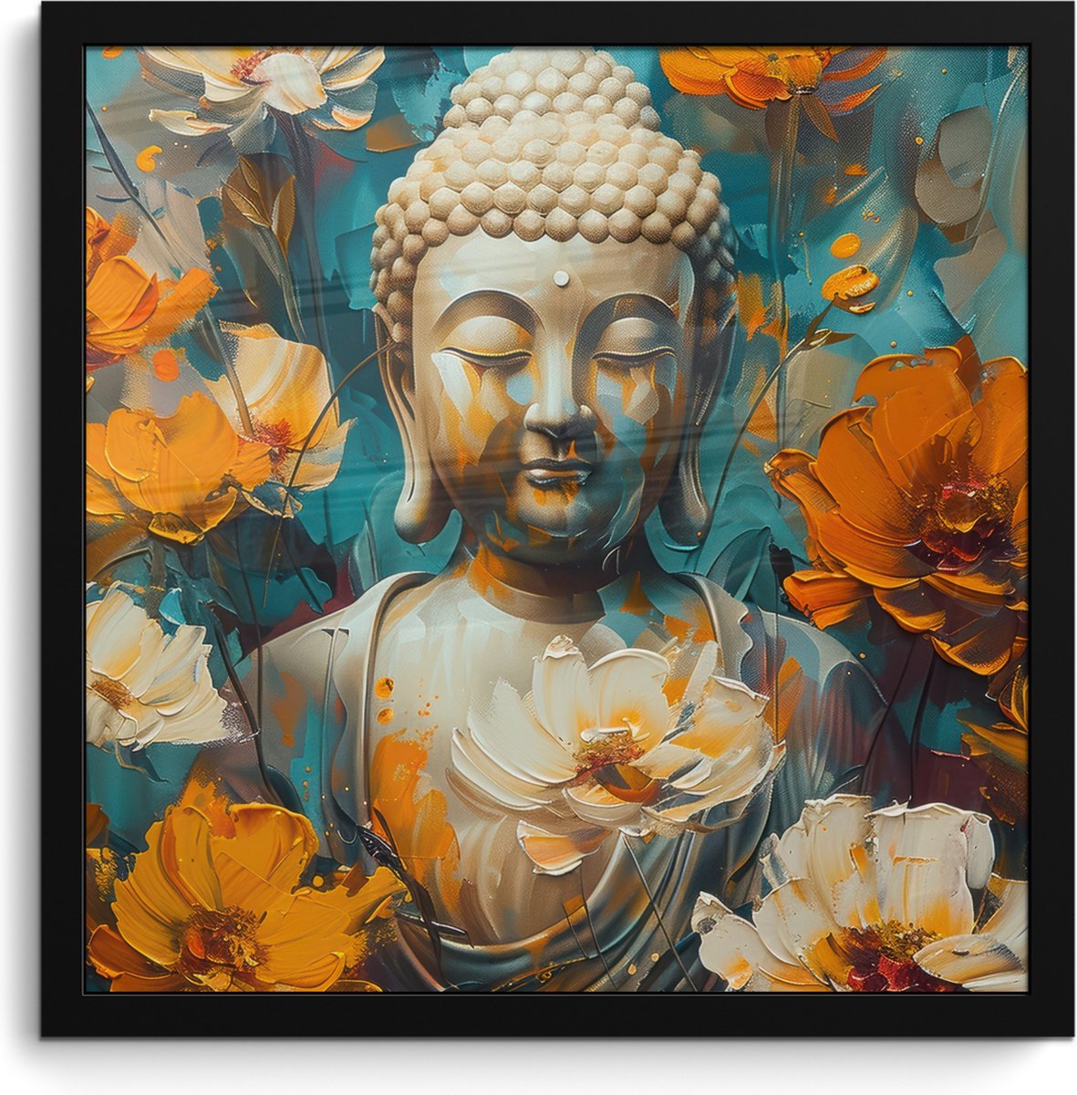 FrameYourWall Poster in lijst - Fotolijst 40x40 cm - Posters - Buddha - Bloemen - Kleurrijk - Modern - Posterlijst zwart - Decoratie - Wanddecoratie woonkamer - Muurdecoratie slaapkamer