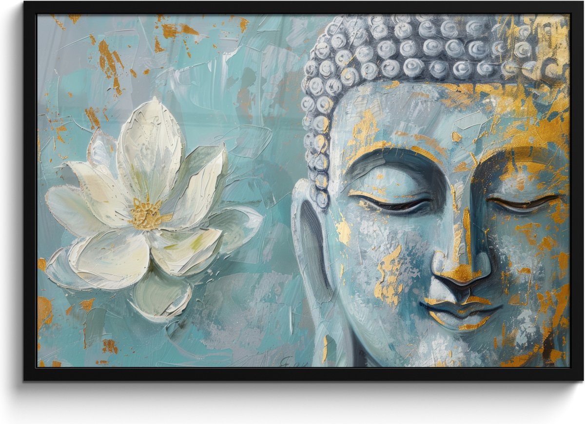 FrameYourWall Poster in lijst - Fotolijst 90x60 cm - Posters - Boeddha - Bloem - Lotus - Goud - Blauw - Posterlijst zwart - Decoratie - Wanddecoratie woonkamer - Muurdecoratie slaapkamer Boeddha - Blauw