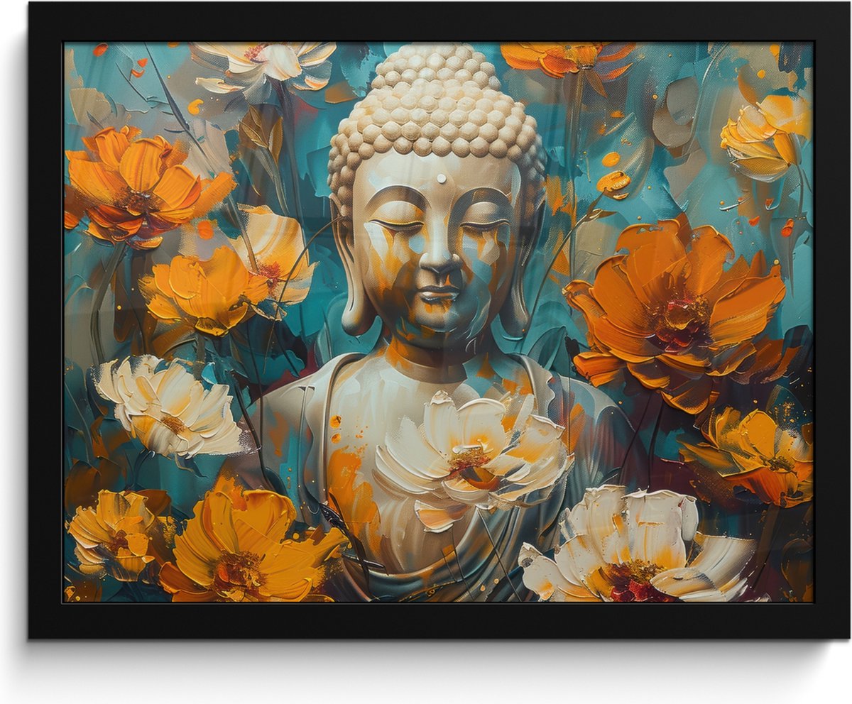 FrameYourWall Poster in lijst - Fotolijst 40x30 cm - Posters - Buddha - Bloemen - Kleurrijk - Modern - Posterlijst zwart - Decoratie - Wanddecoratie woonkamer - Muurdecoratie slaapkamer