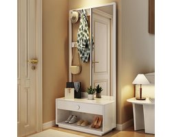 Schoenenrek kapstok met spiegel - vrijstaand schoenenbankrek voor hal - houten moderne kapstok voor woonkamer - wit kapschuur