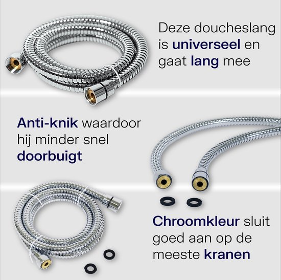 Glanzende metalen doucheslang, anti-knik, chroomkleur past op de meeste kranen.