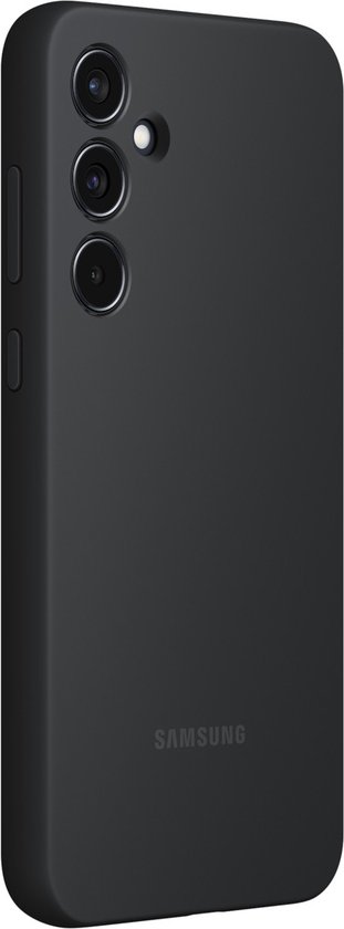 Zwarte Samsung silicone case voor Galaxy A55 5G, gedraaid.