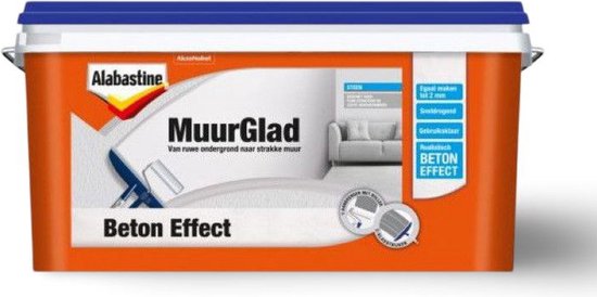 Oranje emmer Alabastine MuurGlad Beton Effect verf. Deksel is blauw.