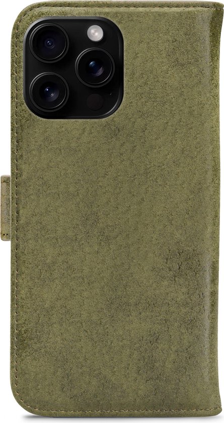 Étui de téléphone My Style vert olive avec fermeture à bouton-pression ouverte, montré avec un téléphone.