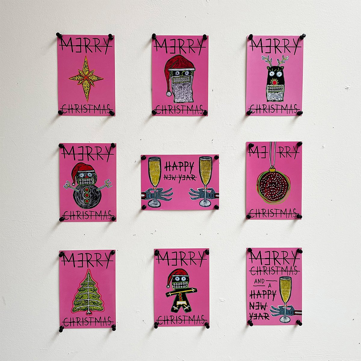 Kerstkaarten Merry Christmas and Happy New Year PINK - set van 9 kaarten - A6 - van kunstenaar Frank Willems