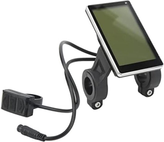 Ouxi V8 display met een groen scherm en zwarte houder. Inclusief bedieningsunit aan de linkerzijde.