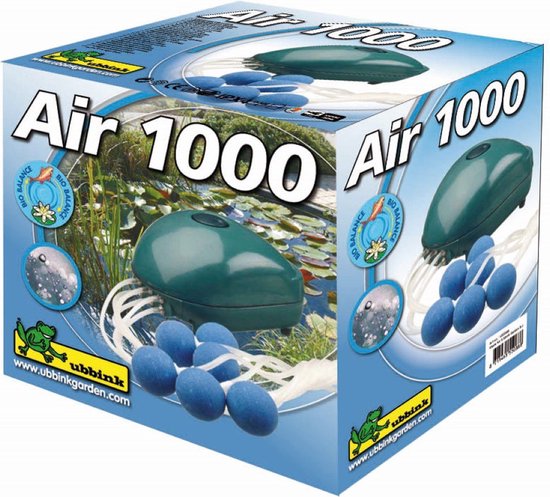 Doos van Ubbink Air 1000 beluchtingspomp met afbeeldingen van de pomp, luchtslang en belletjes.
