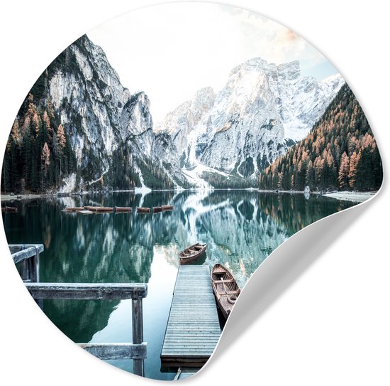 WallCircle® - Behangcirkel 50x50 cm - Muurstickers Natuur - Bergen - Sneeuw - Bos - Boot - Muurcirkel woonkamer - Wandcirkel slaapkamer - Kamer decoratie zelfklevend - Muurdecoratie accessoires