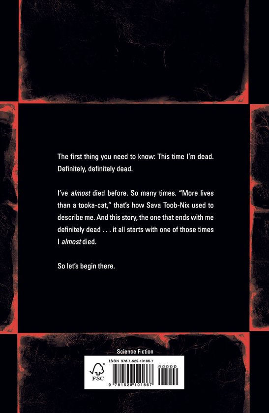 Achterkant van het boek met tekst van de auteur die begint met 'The first thing you need to know: This time I'm dead.' en een ISBN-nummer.