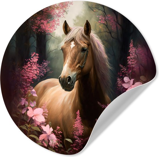 Muurstickers paard - Bloemen - Roze - Dieren - Behangsticker - Behangcirkel zelfklevend - Wandbekleding - Ronde muurdecoratie - 30x30 cm - Muursticker cirkel - Plak stickers - Wall sticker