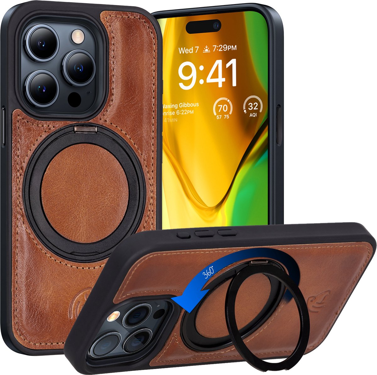 Pulledro hoesje geschikt voor iPhone 15 Pro Max leren BackCover met Kickstand & Keyring houder (Magsafe Compatibel) - Burned Cognac