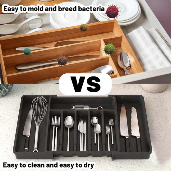 budu Bestekbak #45 (diepte 45 cm) van bamboe - lade-opbergsysteem voor de keuken - bestekbak voor laden van bamboe - uittrekbaar - keukenlade- organizer - keukenorganizer