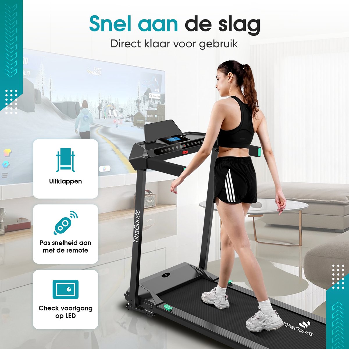 TibaGoods Elektrische Loopband met helling - Hardloopband - Wandelband - 1 t/m 12 kmh - Inklapbaar - 9% Hellingsfunctie - 12 Programma's - Sport - Hometrainer - Walking pad - Voor Thuis thumbnail 3