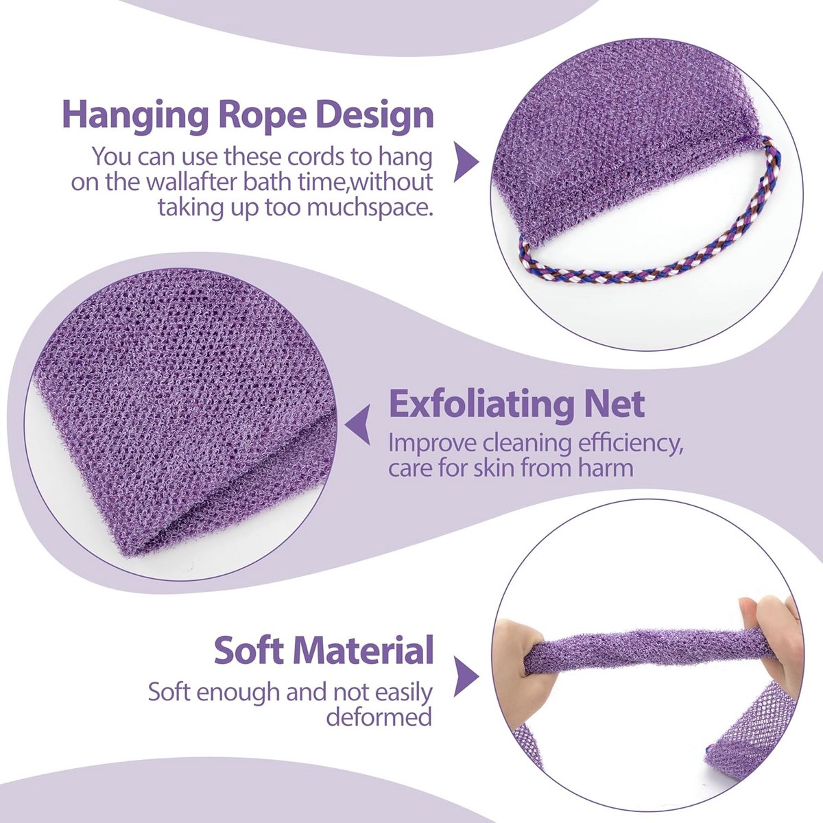 lichaamscrubnet, dieptereiniging, douchespons met steel, nylon mesh, badspons voor mannen en vrouwen, 3 stuks