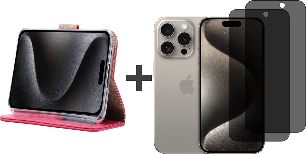 BixB hoesje met Privacy Screenprotectors 2 stuks Geschikt voor iPhone 15 Pro – bookcase met pasjeshouder - Roze