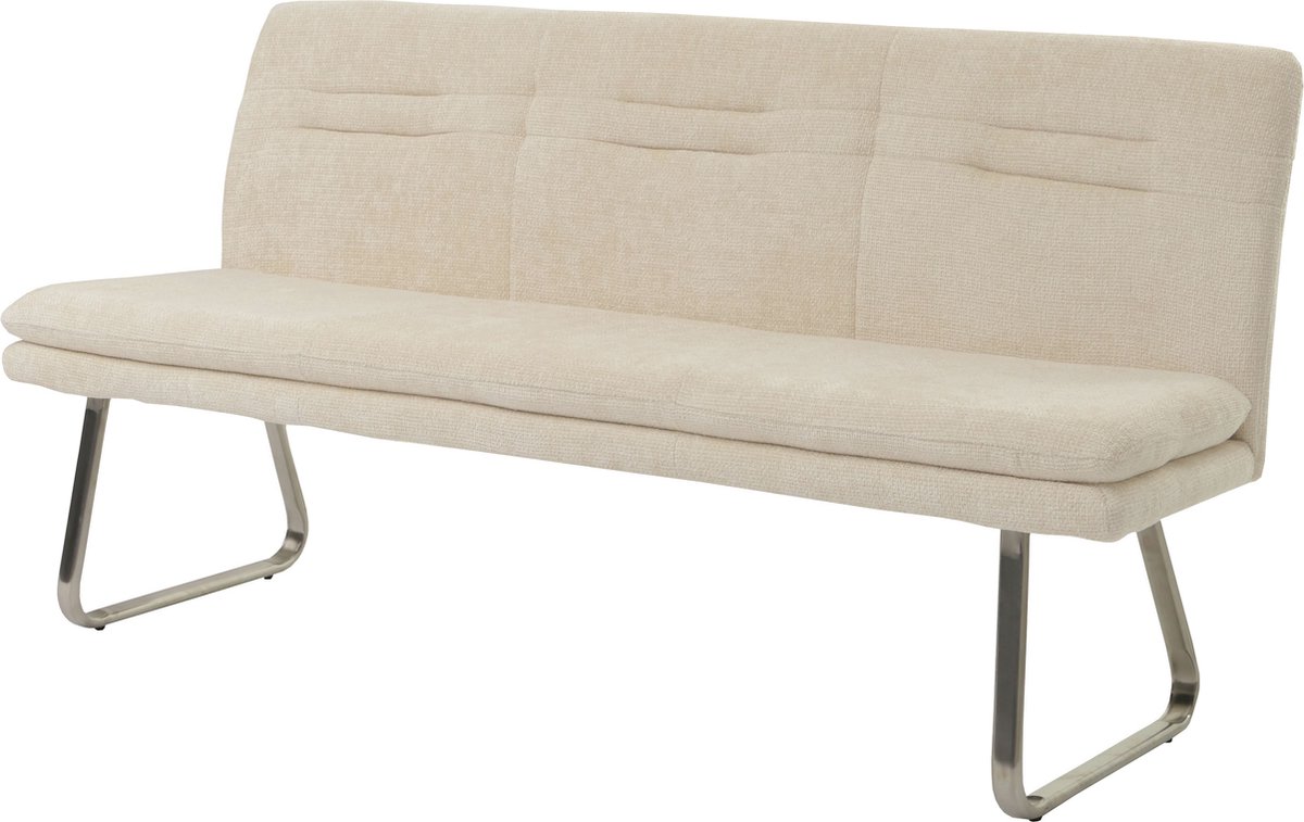 Bank MCW-H70, eetkamerbank gestoffeerde bank, rugleuning stof/textiel chenille roestvrij staal geborsteld 180cm ~ crème
