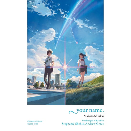 Twee anime-personages, een jongen en een meisje, staan tegenover elkaar met een stad en een heuvel op de achtergrond onder een blauwe lucht met vallende sterren. Titel: your name.