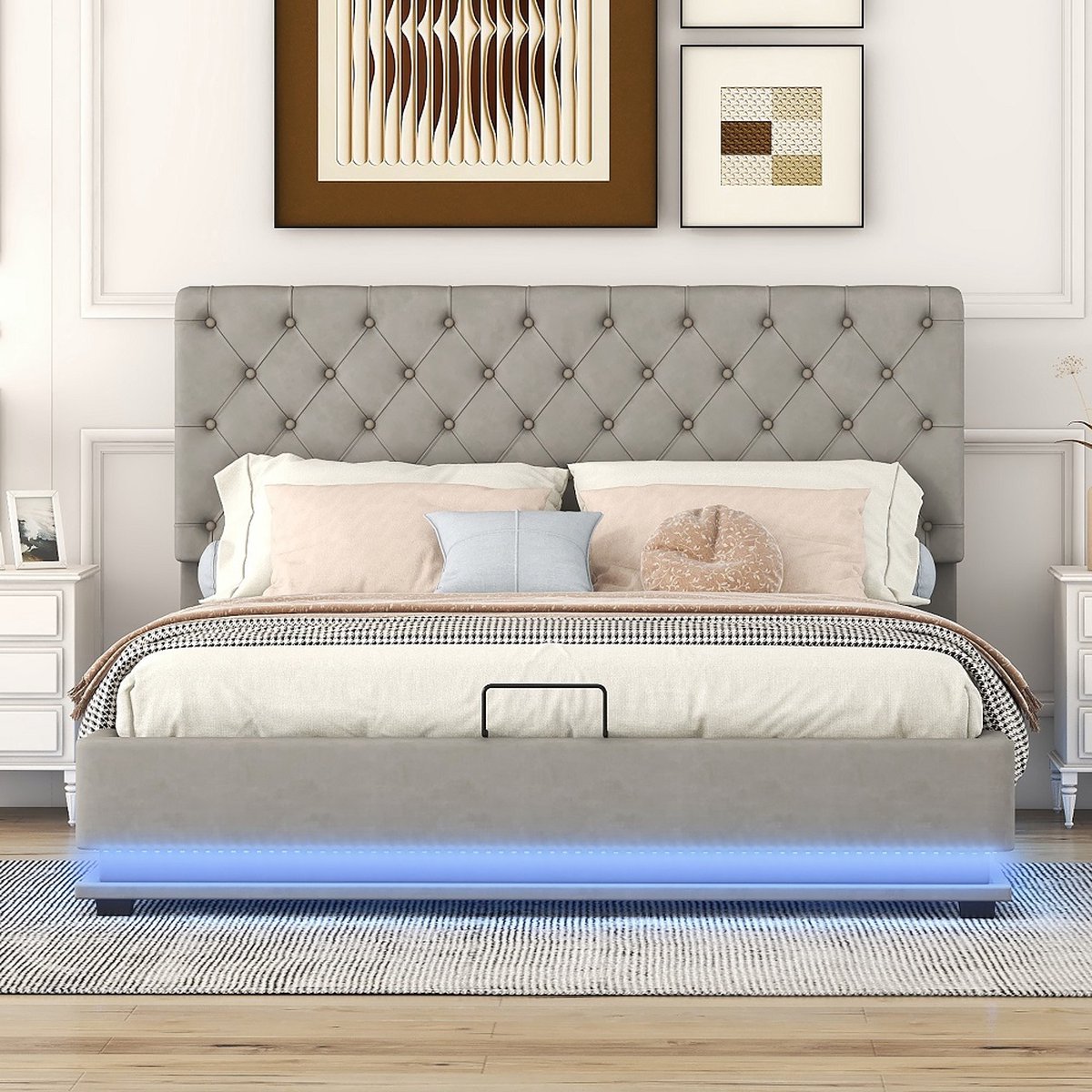 Luxus gestoffeerd bed 160x200cm, grijs katoen - Hydraulische opbergruimte, USB-C oplaadfunctie, 3-zijdige LED-verlichting - Gewatteerd hoofdeinde, goede nachtrust