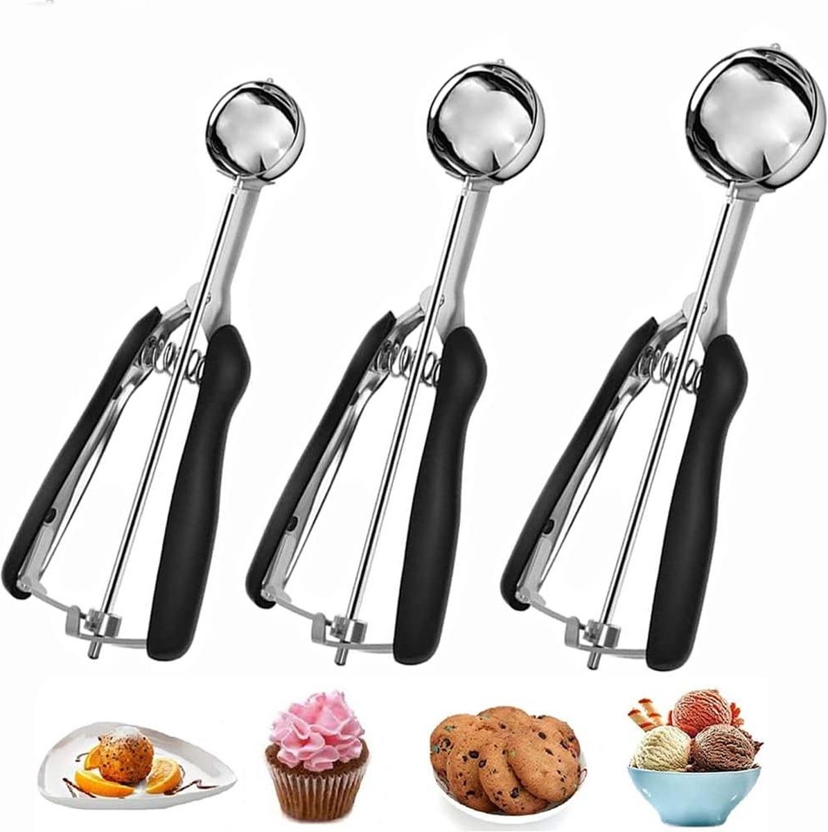 Roestvrij staal 304 Cookie Scoop 3 stuks IJsschep Ijslepel Ontspanner Koekjeshouder Fruit Ijs Koekjesdeeg