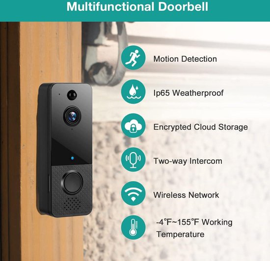 Deurbel Camera 1080P WiFi - Videodeurtelefoon Nachtzicht Tweewegintercom Cloudopslag IP65 Waterdicht — afbeelding 3
