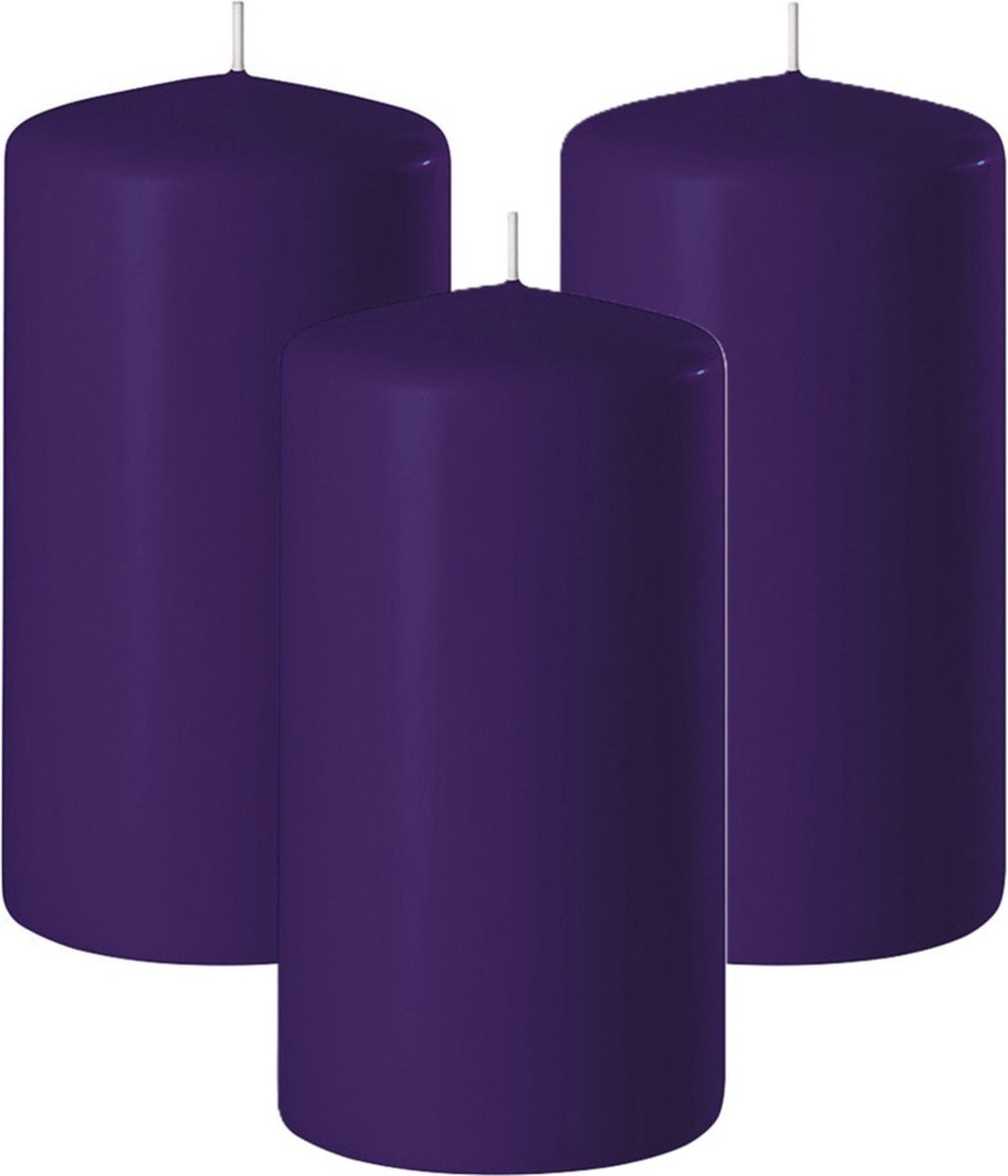 Enlightening Candles Cilinderkaars/stompkaars - 3x - paars - D6 x H15 cm - 58 branduren - Dikke kaarsen - Voor kandelaar of plateau
