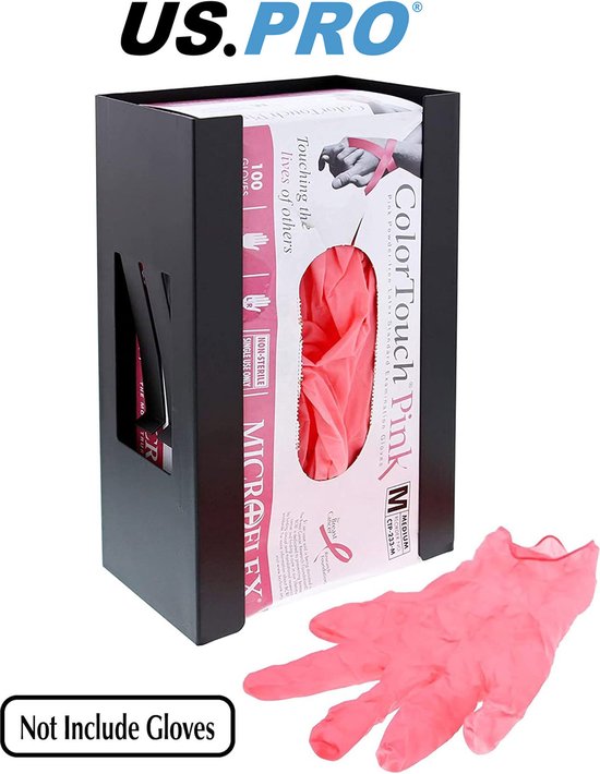 Zwarte metalen dispenser met een doos roze wegwerphandschoenen erin en een losse handschoen ernaast. Tekst 'ColorTouch Pink'.