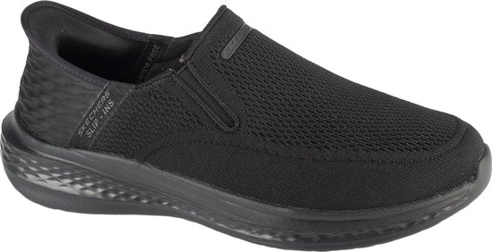 Zwarte Skechers Slip-ins instapper met mesh bovenwerk en een golvend design op de hiel.