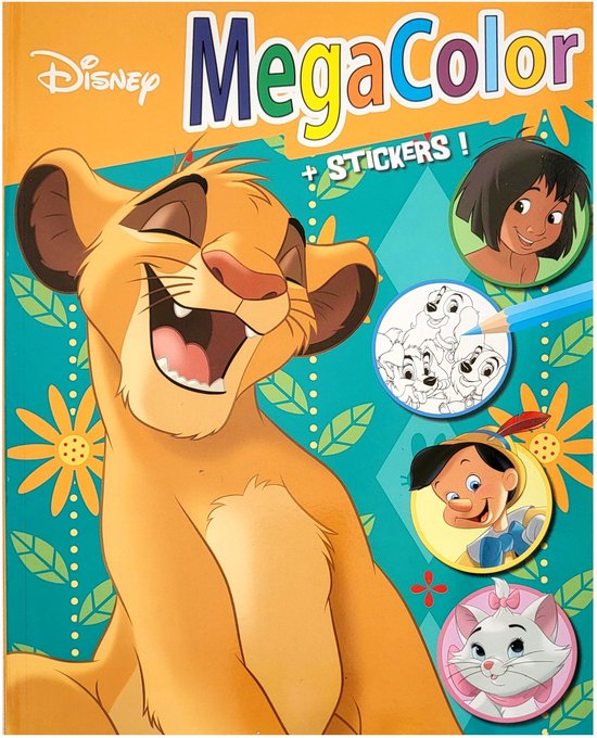 Disney - Megacolor - Kleurboek met +/-125 kleurplaten - 1 stickervel met +/- 25 stickers - Lion King - Jungle book - Pinokkio - Classics -
