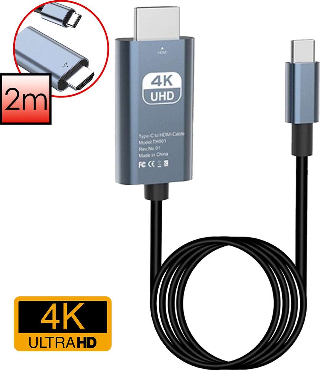 USB C naar HDMI - Kabel 30Hz 4K USB C naar HDMI Adapter 2 meter - Zwart