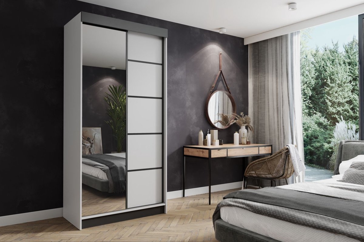 Kledingkast-Opbergkast-Spiegel-Kledingkasten Slaapkamer-Kleding Kast-Roedestang-Legplanken-Schuifdeurkast-Amo Wit Zwart 100 cm