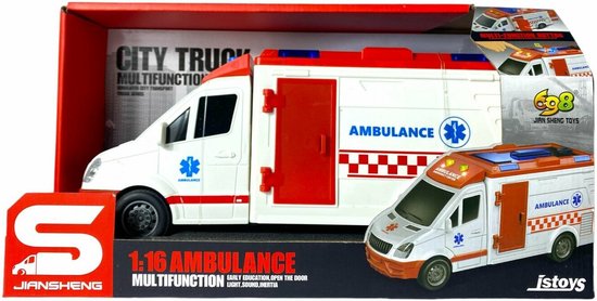 Ambulance speelgoed in verpakking, schaal 1:16. Wit met rode deuren en een kleinere ambulance ernaast.