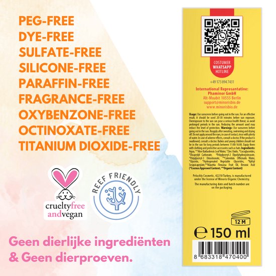 Minoris Baby Zonnebrandlotion SPF 50+ 150 ML| Biologisch, Natuurlijk & Minerale Inhoud | Zonnebescherming voor Gevoelige Huid | Hypoallergeen, Vegan, Rifvriendelijk, Waterbestendig, Breedspectrum, Dermatologisch Getest