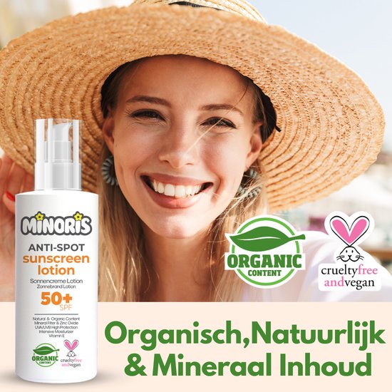 Minoris Anti-Spot Zonnebrandlotion SPF 50+ | Biologisch, Natuurlijk, Minerale Inhoud | Breedspectrum Zonnebescherming voor Gevoelige Huid | Hypoallergeen, Vegan, Rifvriendelijk, Waterbestendig, Dermatologisch Getest, Primer Geschikt - 150 ml