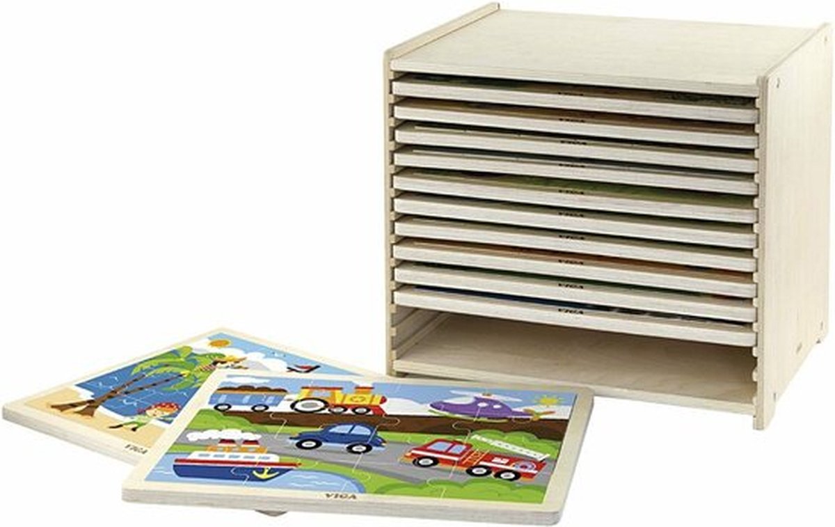 Houten puzzels 12 puzzels van 24 puzzels op het Viga Toys rek