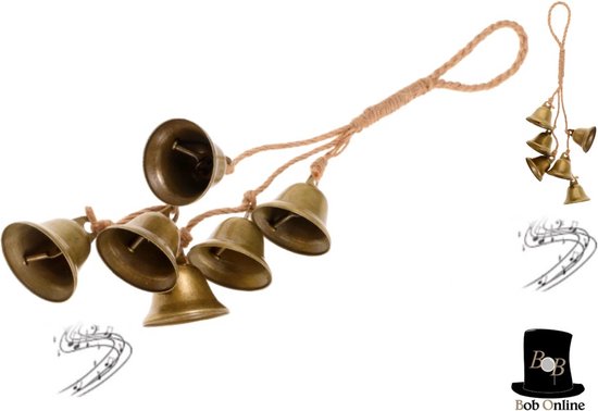 Bob Online™ - Bronzen Kleur – Cluster van 6 Heksenbellen - Deurknop Bellen - Windgongen met 6 Vintage Bellen Heksendecoratieve Hangende Bellen - Boho Huisdecoratie – Muur hangend Bellen - Kerstbellen - 23,5 cm lang - Belmaat (L) 4 cm x (B) 3,8 cm