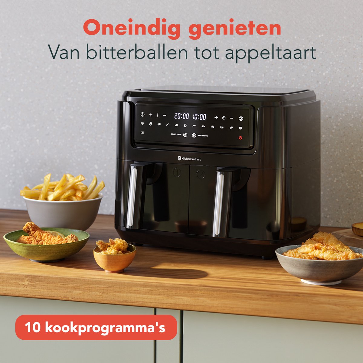 Afbeelding 3 van KitchenBrothers Airfryer XXL Dual Zone - 2400W - 9L - Heteluchtfriteuse - Dubbele Mand - 50ºC tot 200ºC - 10 Kookprogramma's - Zwart