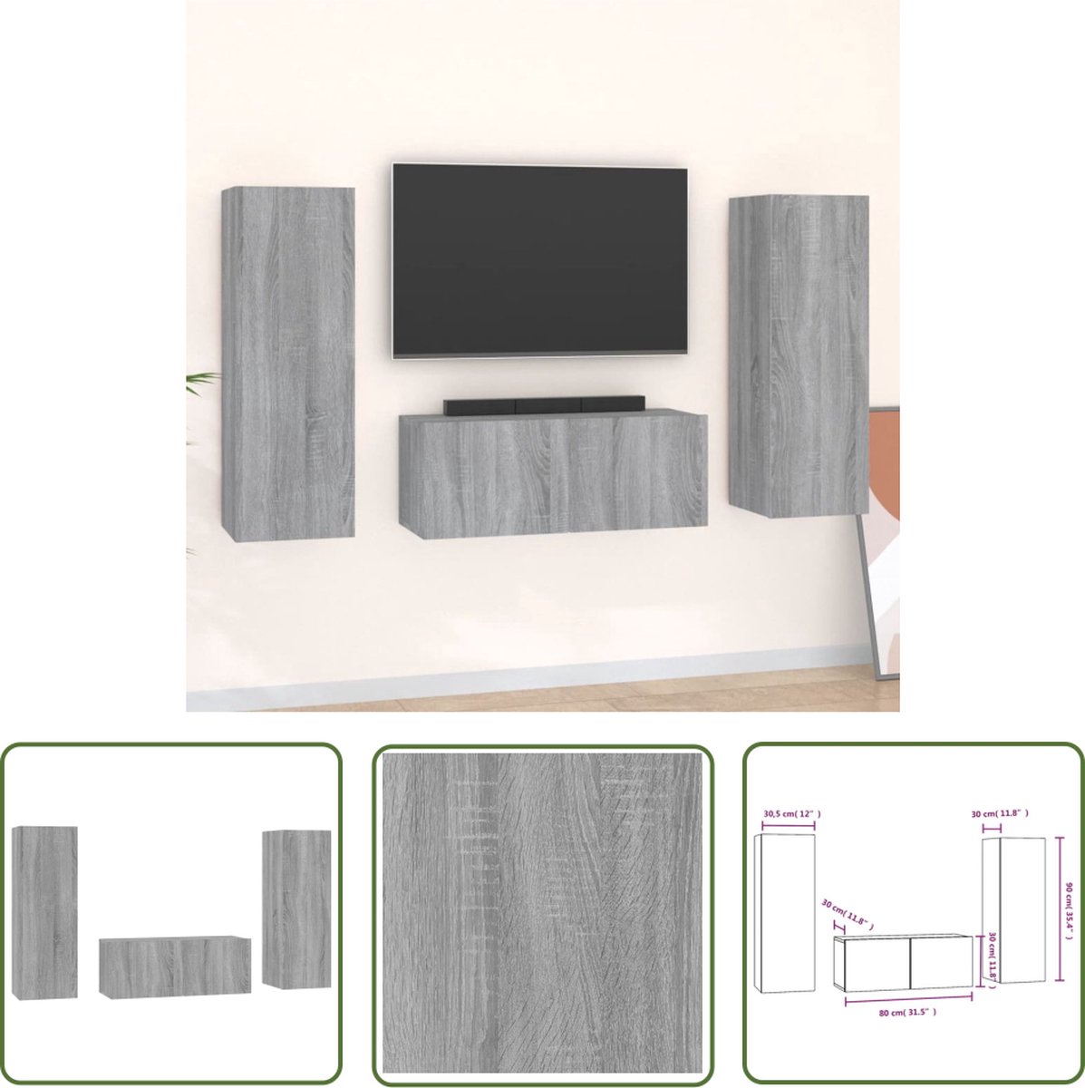 vidaXL Tv Kast - Televisiesectie - 3-delige Tv-meubelset bewerkt hout grijs sonoma eikenkleurig - Salontafel - Houten Meubilair - Grijze Meubels