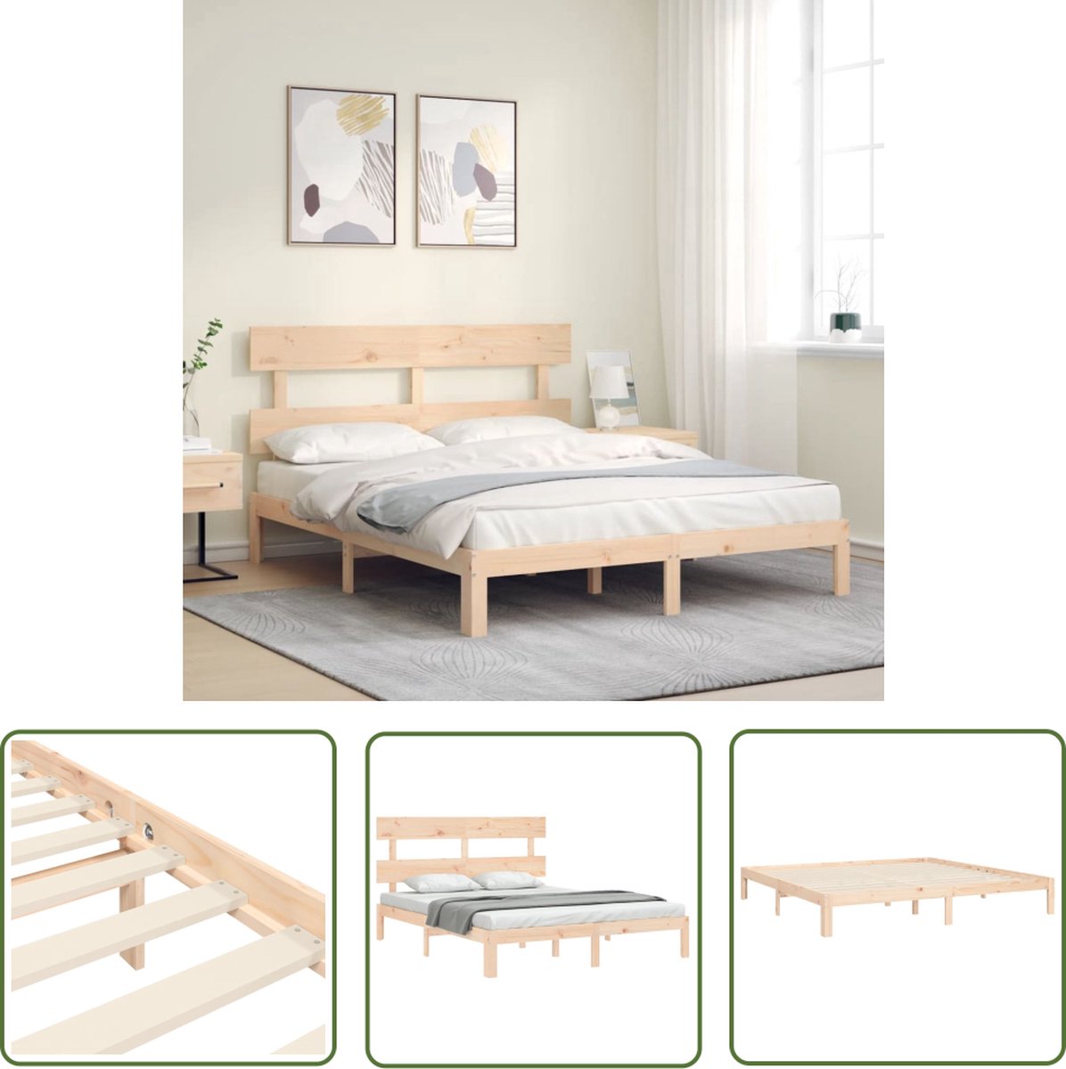 The Living Store Massief Grenenhouten Bedframe - King Size (150 x 200 cm) - Met Multiplex Lattenbodem