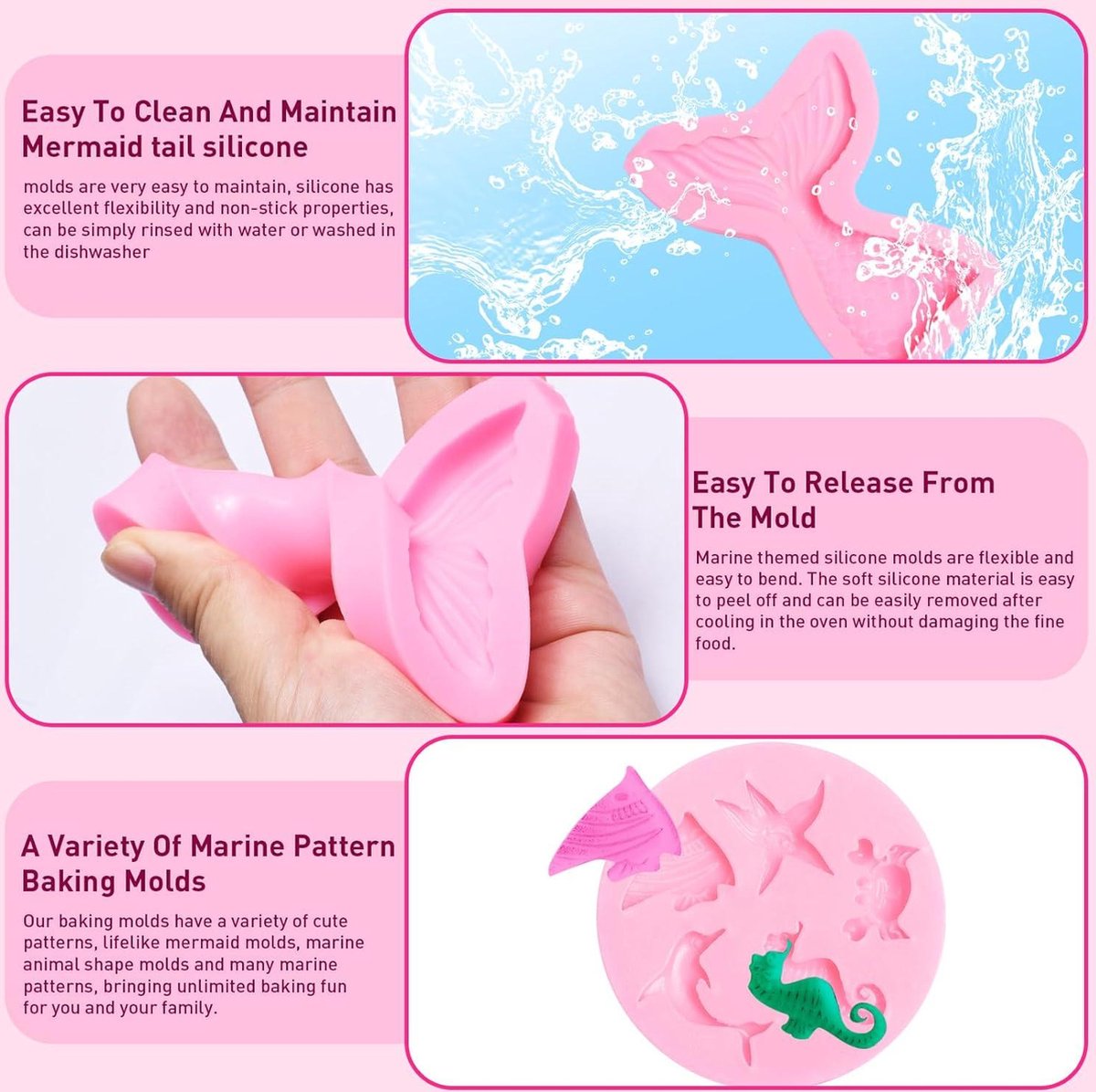 4 stuks Marine Thema Siliconen Fondant Mold Onder, Zeeschelp Conch Zeester Koraal Bakken Mallen, Marine Thema Cake Fondant Siliconen Mal, 3D-Bbakvormen voor Oceaandieren, Cake, Chocolade, Snoep
