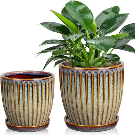 VR7 Plastic plantenbakken bloempotten met drainagegaten voor binnen/buiten gebruik 33 cm - Set van 2 moderne decoratieve plantenbakken klei