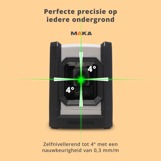 MAKA kruislijnlaser met zelfnivellering van 4 graden en nauwkeurigheid van 0,3 mm/m.